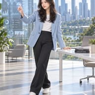 AI Photo Prompt: Photorealistic image of a young woman in a modern high-rise office touching a floating global innovation hologram with a blurred city skyline background.