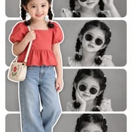 AI Prompt: Creative scrapbook layout of a little girl with braided pigtails in a red peplum top and an embroidered bag, layered over monochrome portraits.