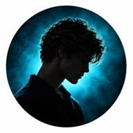 AI Photo Prompt: Moody side-profile silhouette portrait of a man with messy curly hair against a glowing teal fog background.