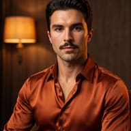 Man with mustache in copper shirt cinematic portrait AI Photo Editing Prompt. AI generated studio portrait of a handsome man in a silky rust-colored shirt looking directly at the camera under warm lighting.