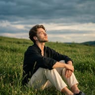 Man Relaxing in Field with Earphones AI Photo Editing Prompt. AI generated lifestyle portrait of a young man with closed eyes listening to music in a grassy meadow under a cloudy sky.