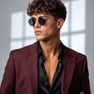 Editorial Fashion Photography AI Photo Editing Prompt. AI generated studio portrait of a stylish man in a maroon blazer and round sunglasses with an open black silk shirt.