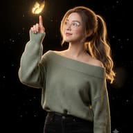 Fantasy Photo AI Prompt. AI generated portrait of a smiling woman with glasses and an off-shoulder green sweater pointing at a luminous golden butterfly against a starry background.