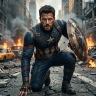 Captain America in Warzone Fanart Prompt. AI generated cinematic digital illustration of a bearded Captain America kneeling on a war-torn city street surrounded by rubble, fire, and smoke while holding his shield.