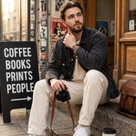 Gemini AI Generated portrait of a man with camera sitting on cafe steps in street style outfit.