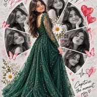 Romantic Emerald Gown Collage AI prompt: High-end Photoshop style collage of a young woman in a peacock green frock with cute decorative elements like butterflies and handwritten text.