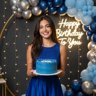 Woman Birthday Celebration AI Photo Editing Prompt. AI generated portrait of a woman in a blue dress holding a birthday cake against a backdrop of blue and silver balloons and a glowing neon sign.