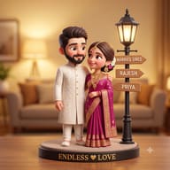 3D Pixar-Style Indian Couple Miniature Art AI Photo Editing Prompt. AI generated 3D illustration of a smiling Indian couple in traditional attire standing next to a vintage street lamp with custom name signboards on a wooden base.