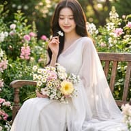 Woman in White Sari and Flowers Portrait. AI Photo Editing Prompt. AI generated portrait of a beautiful, smiling woman wearing a sheer white sari and bindi, sitting on stone steps in a lush, sunlit garden while holding a large, mixed floral bouquet and a small single flower.