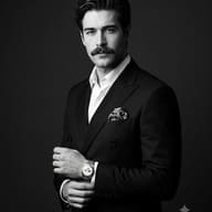 Classic Monochrome Black Suit Portrait AI Photo Editing Prompt. AI generated studio portrait of an elegant man with a mustache adjusting his cuff, wearing a dark double-breasted suit and a luxury watch.