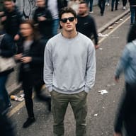 AI Photo Editing Prompt: Cinematic environmental street portrait of a young man in a gray sweatshirt standing still on a gritty asphalt road while a blurred crowd rushes past.