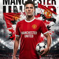 Manchester United Player Splash Art AI Photo Editing Prompt. AI generated digital illustration of a clean-shaven man in a red Manchester United jersey holding a football, set against a stadium backdrop with dynamic ink splashes and waving team flags.