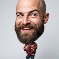 AI Photo Editing Prompt: Bold giant head caricature studio shot of a bald man with a thick beard and cheeky side-eye posing in a maroon bomber jacket.