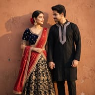 Indian Couple Ethnic Portrait AI Photo Editing Prompt. AI generated photographic portrait of a young Indian couple in elaborate ethnic wear holding hands and looking at each other against a terracotta wall.