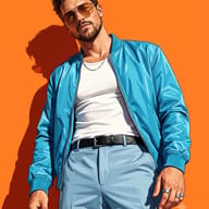 Gemini AI generated Sophisticated digital painting of a man in a vibrant blue jacket and tailored trousers with deep graphic shadows.