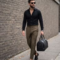Men's street style fashion portrait of a stylish guy with a leather bag AI Photo Editing Prompt. AI generated street photography portrait of a handsome man wearing a black shirt, sunglasses, and olive trousers walking with a black leather duffle bag next to a brick wall.