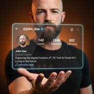 AI Photo Prompt: Bald bearded man holding a 3D translucent glass Instagram profile hologram in studio lighting.