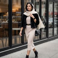 Chic woman in a beige midi dress, black fur jacket, and cream headscarf walks past a city storefront, styled with a luxury belt and quilted handbag.