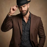 Man with a beard in a brown suit and black fedora, tipping his hat. Includes a gold watch and a neutral background. Sharp, formal aesthetic.