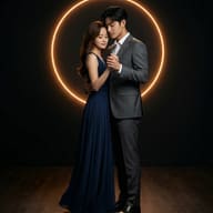 AI generated cinematic portrait of an elegant couple in formal attire dancing intimately in front of a glowing orange neon circle against a dark background.
