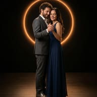 Dancing Couple Under Glowing Ring Prompt. AI generated cinematic portrait of a smiling couple in elegant attire dancing romantically in front of a glowing circular light.