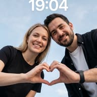 Couple heart hand gesture lock screen AI Photo Editing Prompt. AI generated digital photograph of a smiling couple forming a heart with their hands from a low angle, overlaid by a lock screen