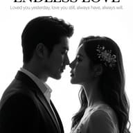 Couple Silhouette Endless Love AI Photo Editing Prompt. AI generated minimalist studio portrait of a man and woman in profile facing each other against a white background with romantic "Endless Love" typography.
