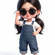 Cute 3D animated girl with pigtails wearing sunglasses and denim overalls.