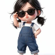 Cute Chibi 3D Girl Character Design Prompt. AI generated 3D digital illustration of a stylish little girl with pigtails adjusting her round sunglasses, wearing denim overalls.
