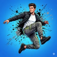 Jumping Man Illustration AI Photo Editing Prompt. AI generated digital illustration of a young man in a black jacket and cargo pants jumping mid-air against a blue background with ink splatters.