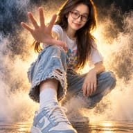 ChatGPT AI Photo Prompt: Cool streetwear photography featuring a smiling girl with glasses crouching in dramatic backlit smoke showcasing pale blue sneakers.