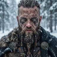 AI Photo Editing Prompt: High-contrast cinematic image of a Viking warrior with cold blue eyes, war paint, and a thick braided beard standing in the snow.