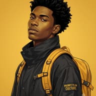 Handsome Modern Anime Boy in Black Jacket and Yellow Backpack AI Photo Editing Prompt. AI generated modern anime illustration of a confident young man with messy black hair and blue eyes, wearing a black tactical jacket and a yellow backpack with 'PROMPT PLUM CULTURE' patch text, set against a solid yellow background.