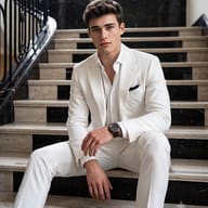 Gemini AI generated realistic photo of a handsome young man in a white suit and unbuttoned shirt sitting confidently on grand marble stairs, wearing a prominent watch.
