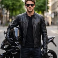 AI generated portrait of a biker in black leather jacket holding a helmet by a motorcycle.
