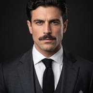 Businessman Studio Headshot AI Photo Editing Prompt. AI generated portrait of a mustached man in a dark suit and black knit tie.