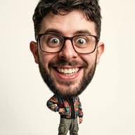 AI Image Prompt: Exaggerated giant head caricature image of a joyful man wearing glasses and a colorful patterned jacket standing against a seamless bright backdrop.