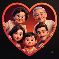 AI Prompt: 3D stylized cartoon illustration of a multi-generational Asian family playfully peeking out from a red heart-shaped frame.