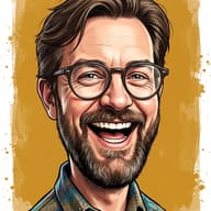 Gemini AI Prompt: High-end editorial caricature of a joyful man with a short beard and round glasses wearing a blue patterned shirt.