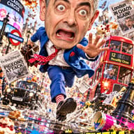 ChatGPT AI-generated chaotic 3D cinematic image of a panicked Mr Bean caricature with an exaggerated big head fleeing from attacking pigeons