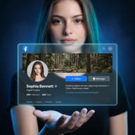 Gemini AI Photo Prompt: Young woman holding a glowing floating Facebook Page hologram card over her open palm