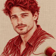 ChatGPT Photo Prompt: Hyper-realistic red fiber thread portrait of a handsome bearded man in a collared shirt, crafted in relief on beige linen with a wooden coil at the bottom right.