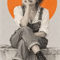 ChatGPT Image Prompt: Monochromatic pencil sketch illustration of a stylish woman in denim overalls and sunglasses sitting against a bold orange circle.