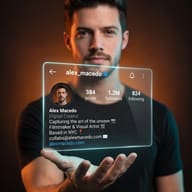 Gemini AI Generated Photo of a Young man in a black shirt holding a glowing floating Instagram profile hologram card.