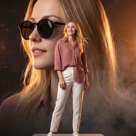 Surreal double exposure AI portrait of blonde woman in pink shirt and sunglasses, giant face background