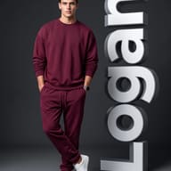AI generated studio portrait of a boy in a maroon sweatsuit and white sneakers leaning against giant stacked silver 3D letters that spell 'LOGAN' on a dark grey background.