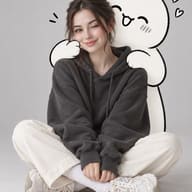 AI Generated Mixed media art style image showing a cheerful brunette girl winking while a funny doodle character squeezes her cheeks.