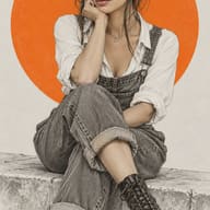 AI Prompt: Indie editorial pencil sketch of a woman posing on a stone ledge with a vibrant orange circle in the light grey background.
