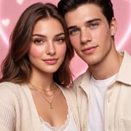 Romantic Couple Selfie on Pink Background Portrait AI Photo Editing Prompt. AI generated portrait of a smiling young woman and a man with a mustache taking a selfie against a pink background with glowing hearts.   