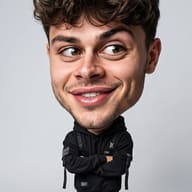 Exaggerated editorial caricature image of a smirking young man with curly hair styled in a black techwear hoodie over a clean white background.